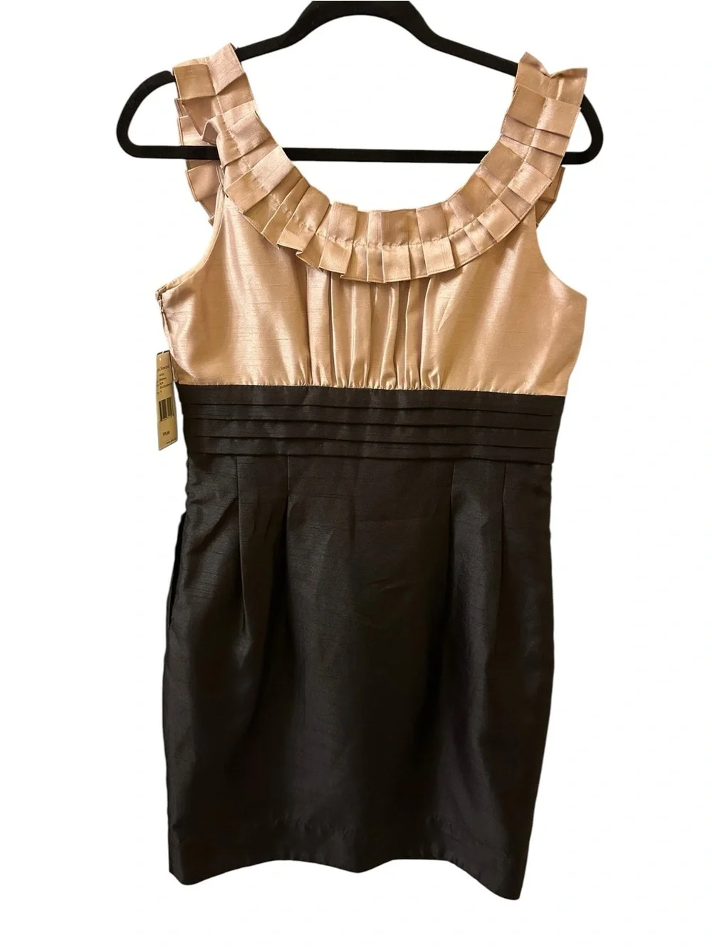 Jessica Howard Two-Tone Satin Ruffle Neck Dress - Champagne and Black size 8